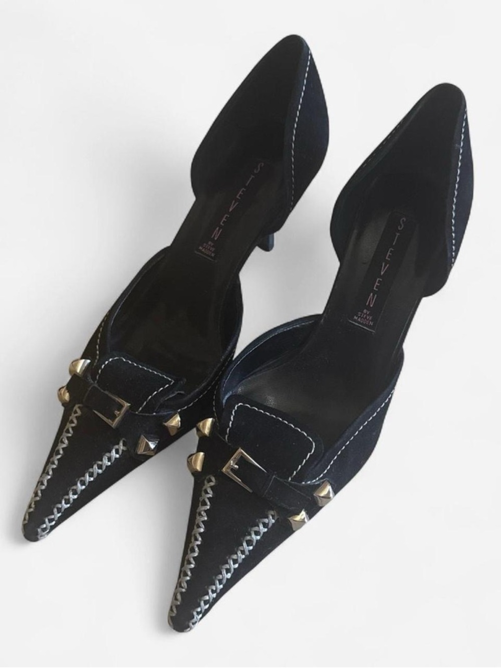 Steve Madden Black Pointed D'Orsay Pumps with Gold Stud Accents